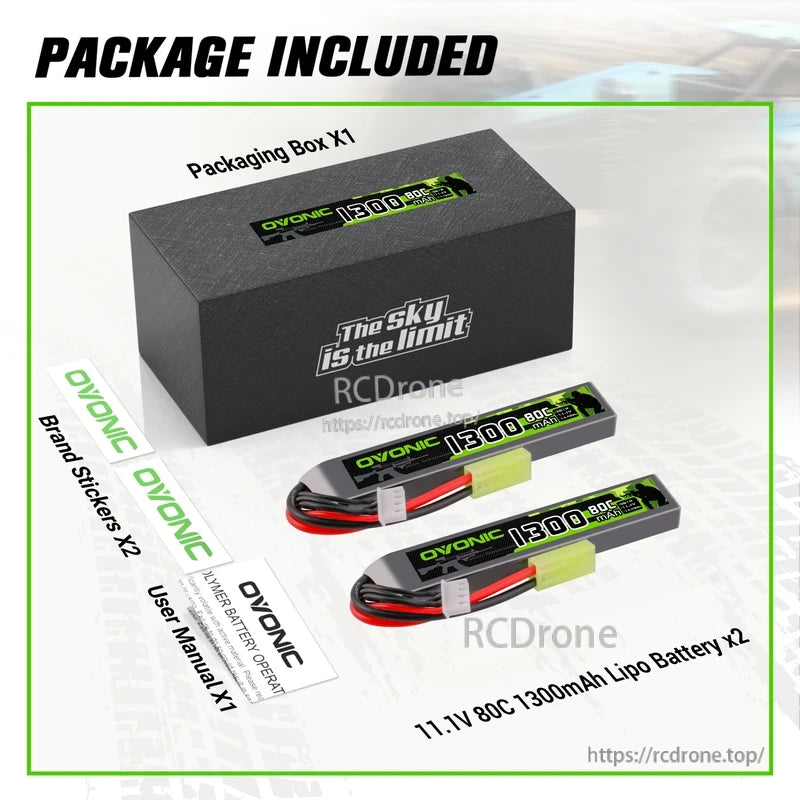 Package contents: two 11.1V 1300mAh 80C Ovonic LiPo batteries, box, brand stickers and user manual