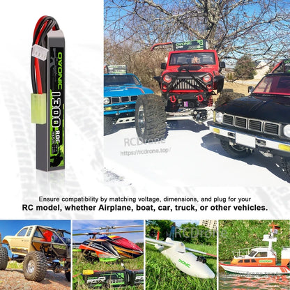 Ovonic 3S 11.1V 1300mAh LiPo battery shown with RC car, boat and airplane use case collage