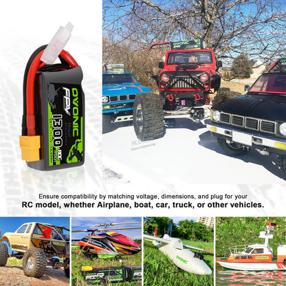 LiPo battery shown with RC model use cases: truck, car, helicopter, airplane, and boat