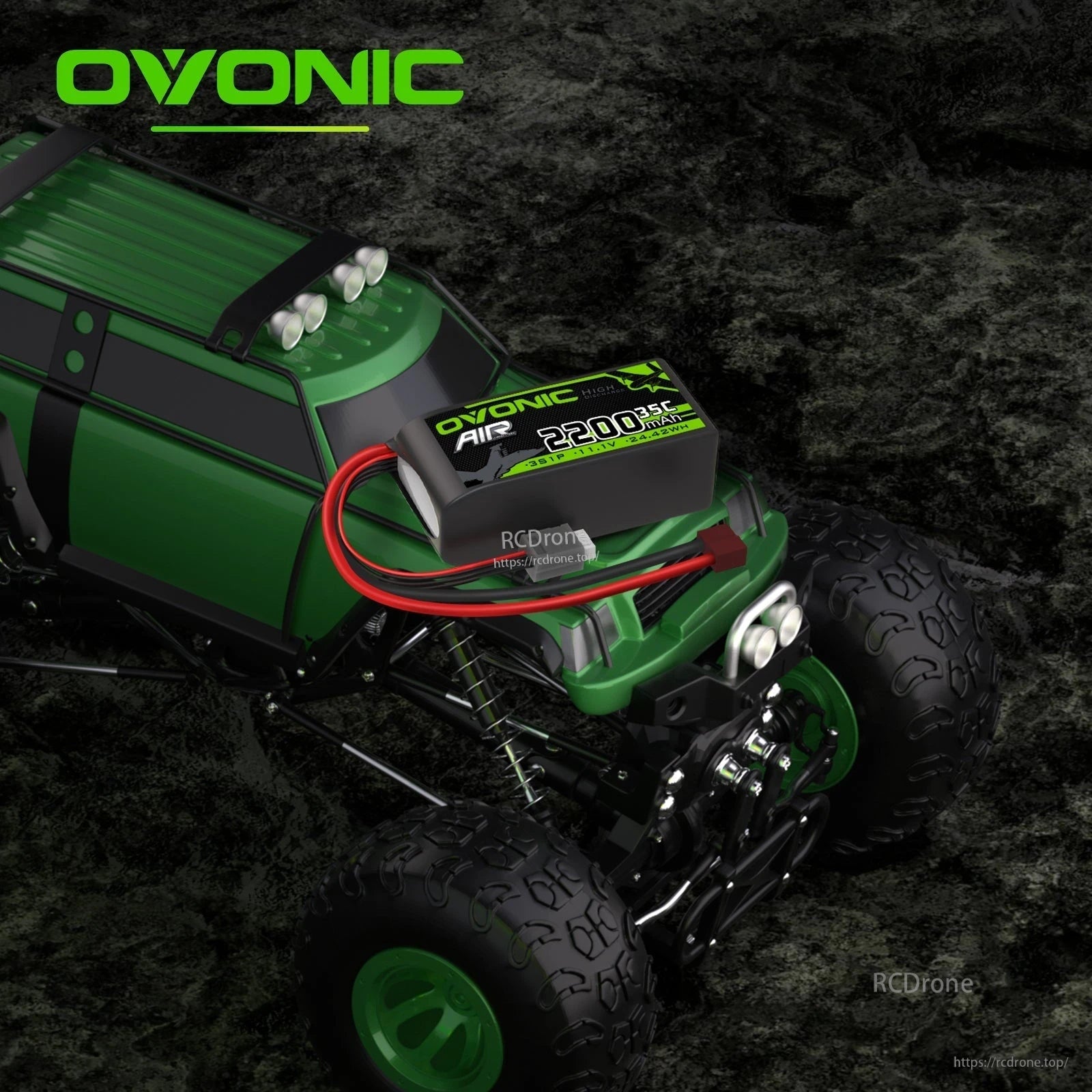 Ovonic shorty LiPo battery shown installed on a green RC monster truck (application example)