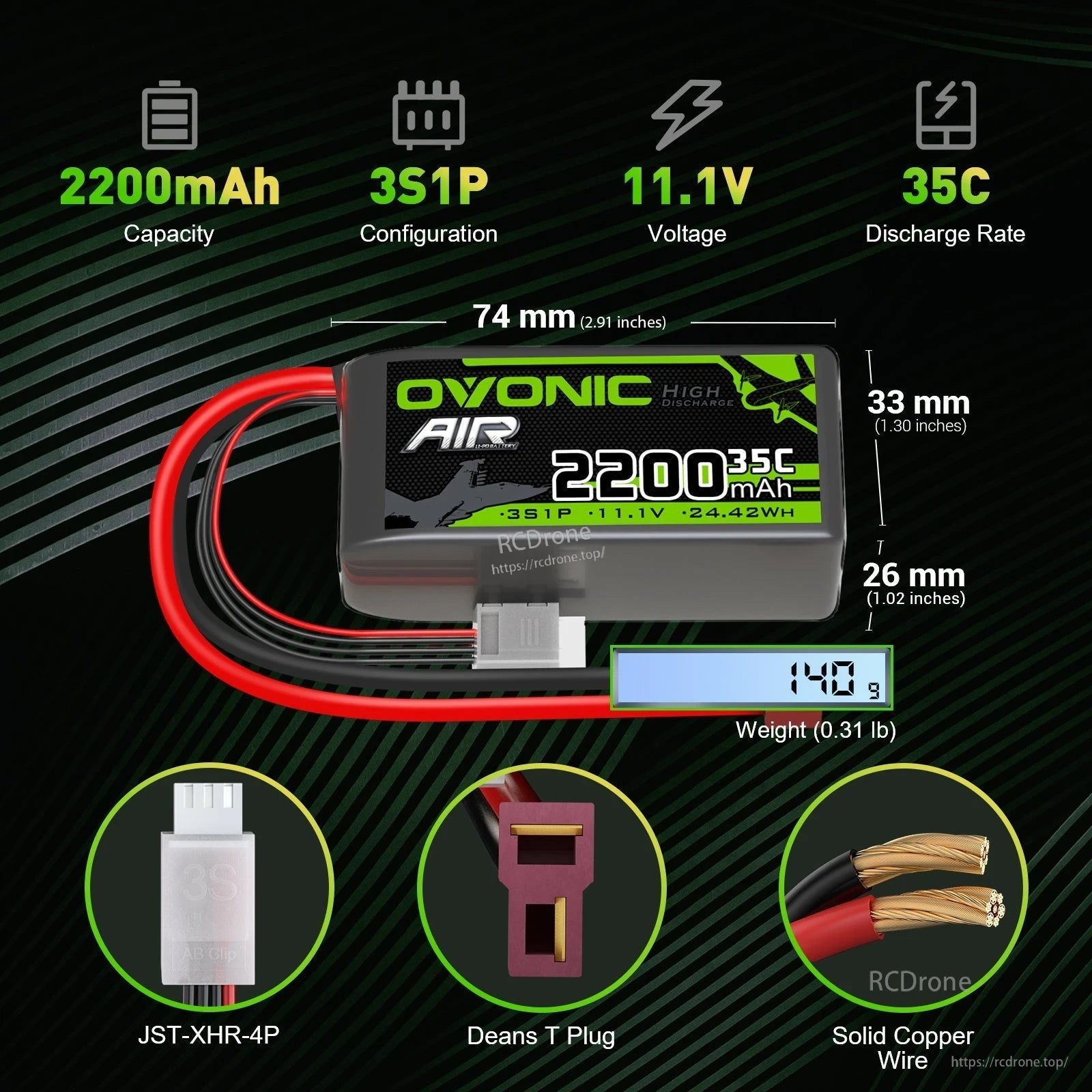Spec graphic showing 2200mAh 3S1P 11.1V 35C battery dimensions (74×33×26mm), 140g, Deans T plug