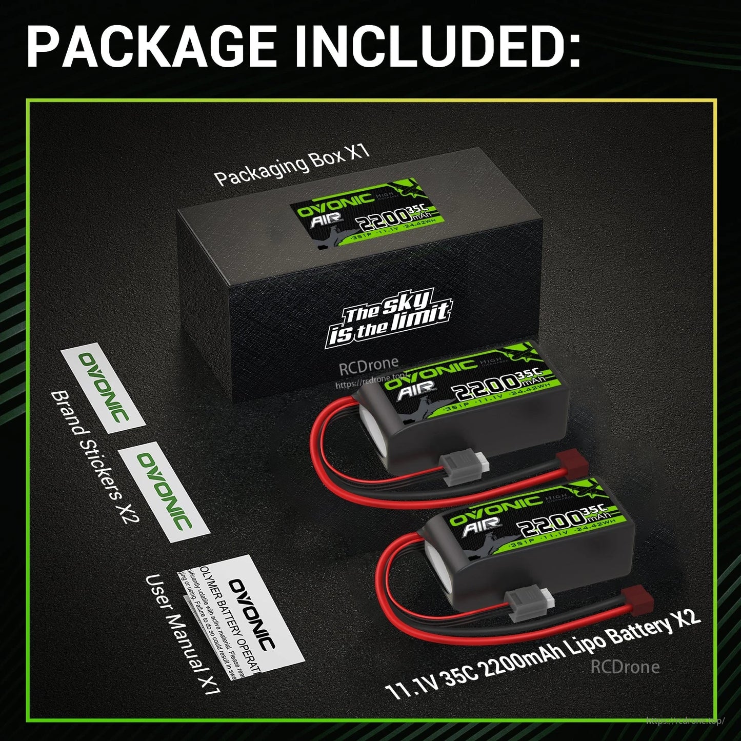 Package contents: box, two 11.1V 35C 2200mAh LiPo batteries, user manual, and Ovonic brand stickers