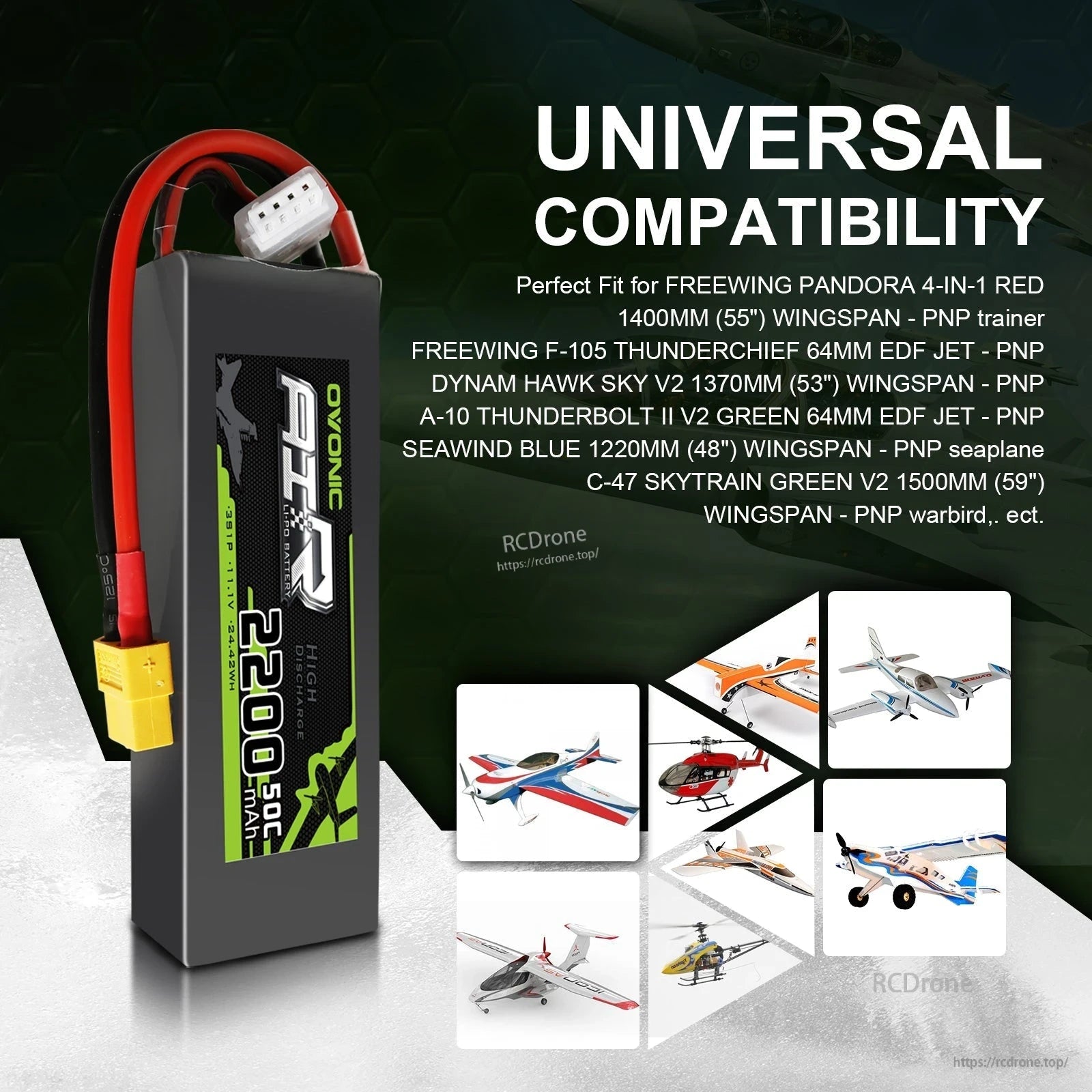Universal compatibility graphic showing Ovonic 2200mAh LiPo battery and multiple RC airplane examples