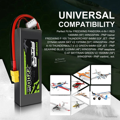 Universal compatibility graphic showing Ovonic 2200mAh LiPo battery and multiple RC airplane examples