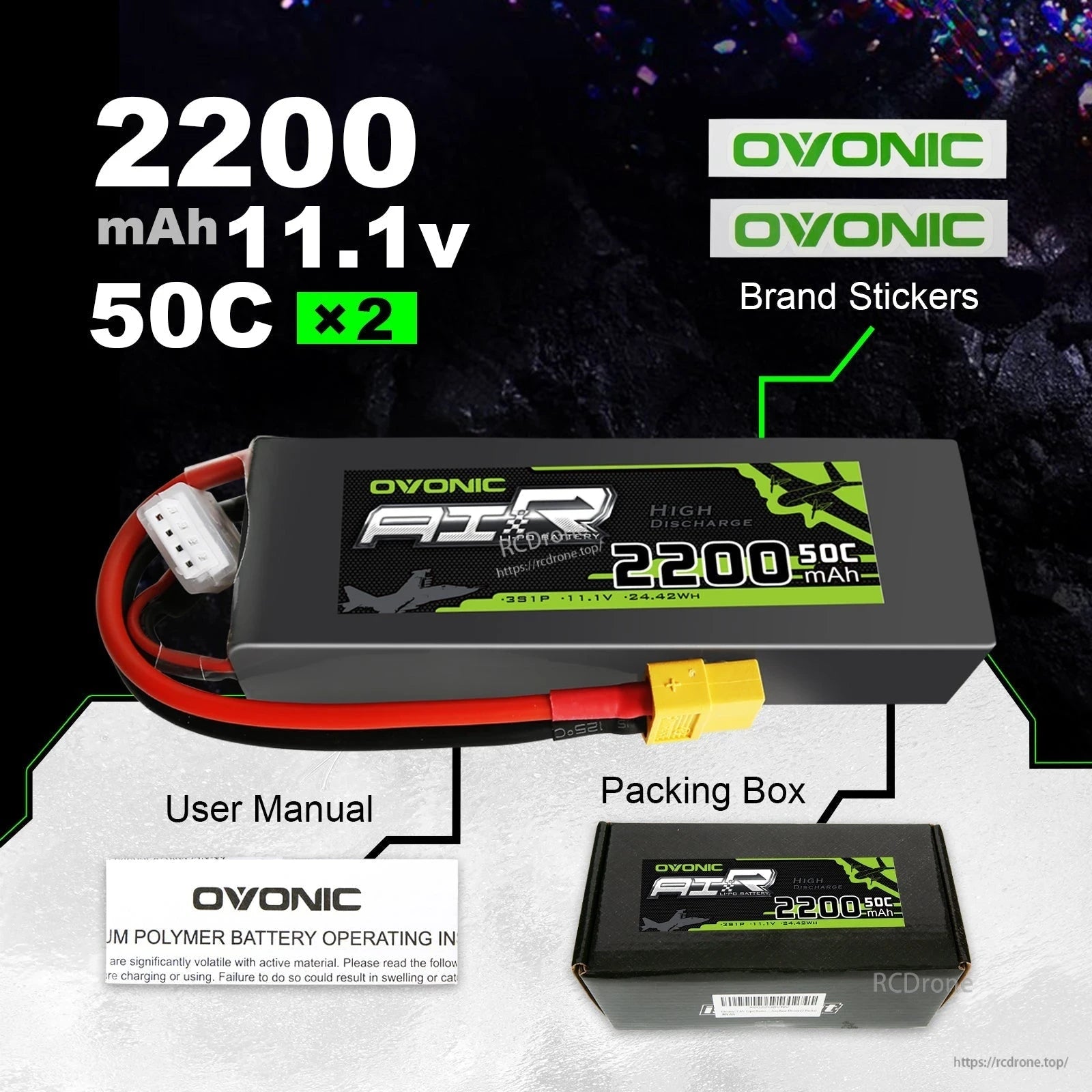 Ovonic 3S 2200mAh 50C 11.1V LiPo Battery with XT60 connector, box, manual and brand stickers
