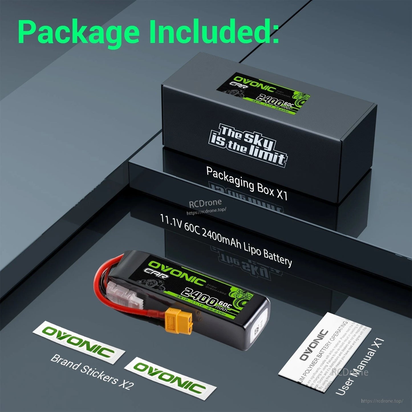 Package contents: Ovonic 11.1V 2400mAh LiPo battery, packaging box, brand stickers, user manual