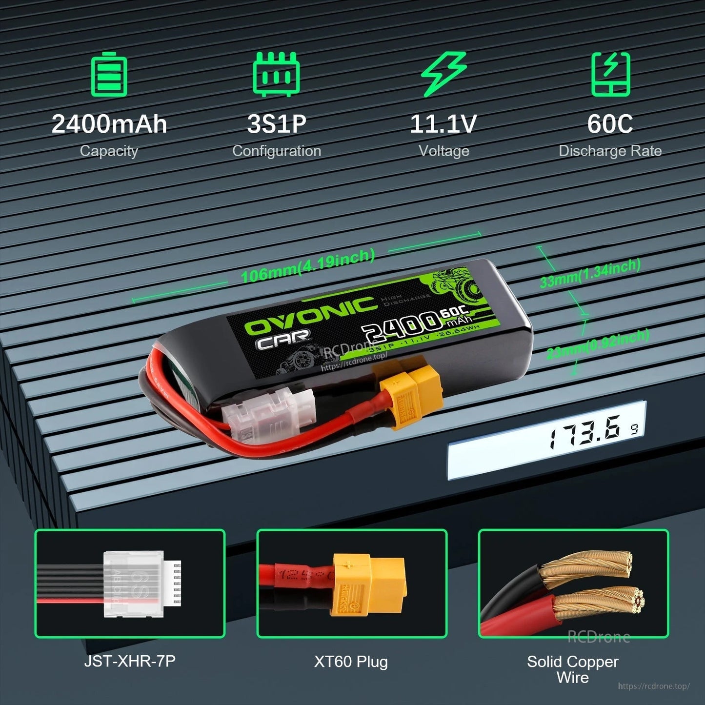 2400mAh 3S1P 11.1V 60C battery specs and dimensions infographic, XT60 plug and JST-XH balance port