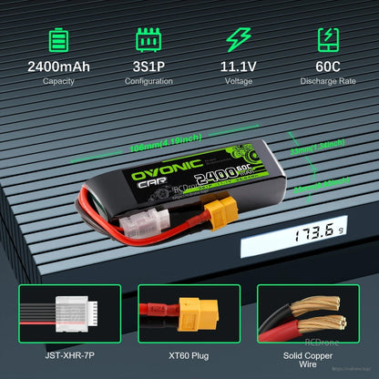2400mAh 3S1P 11.1V 60C battery specs and dimensions infographic, XT60 plug and JST-XH balance port