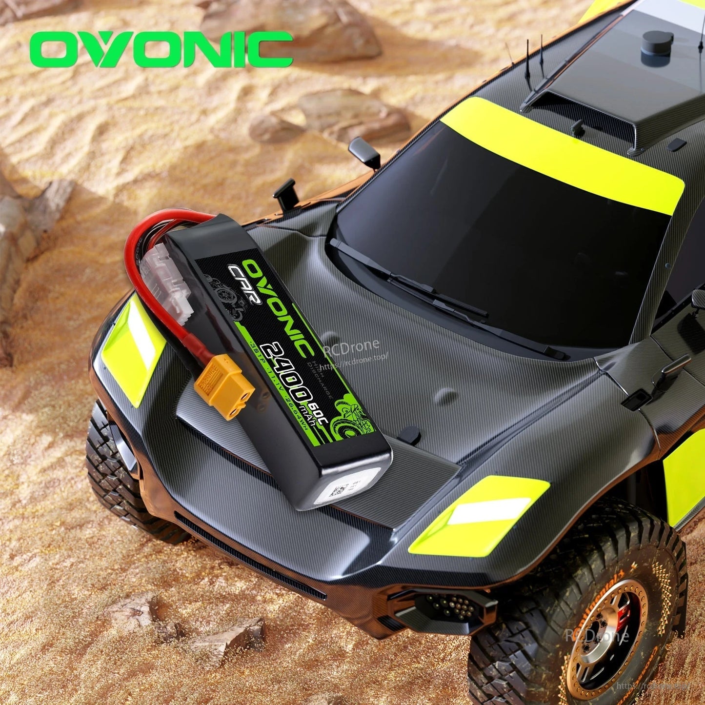 LiPo battery installed on RC car body as use-case example, XT60 plug and balance lead visible