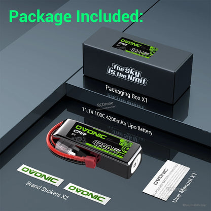 Package contents: Ovonic 11.1V 4200mAh 100C LiPo battery, box, brand stickers, and user manual