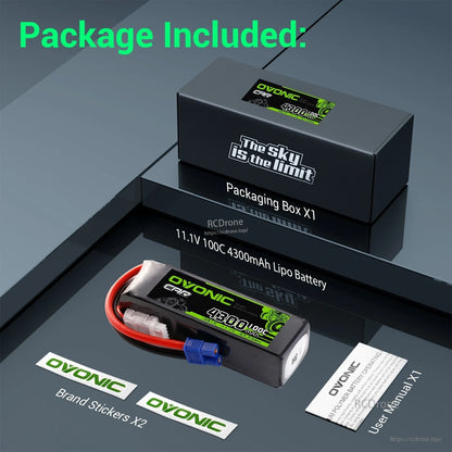 Package contents: Ovonic 11.1V 4300mAh LiPo battery, storage box, user manual, and brand stickers