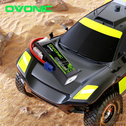 Ovonic softcase LiPo battery mounted on RC car body, showing EC3 connector and balance plug