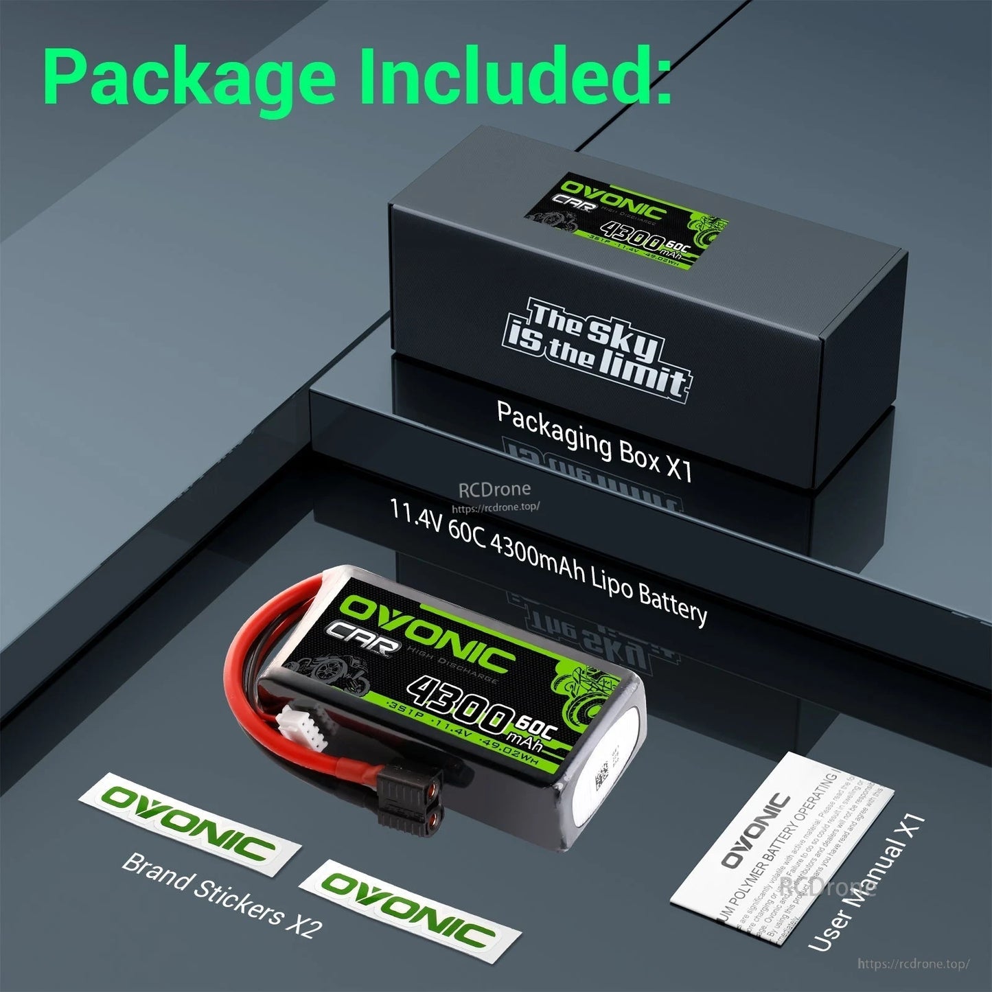 Package contents: Ovonic battery pack, retail box, two brand stickers, and user manual