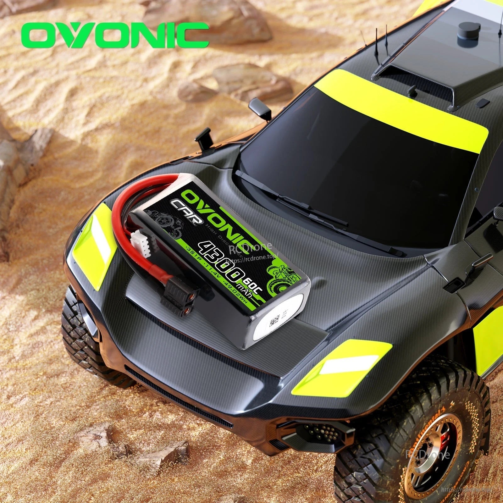Ovonic 4300mAh LiHV softcase battery shown on an RC off-road truck body as an application example