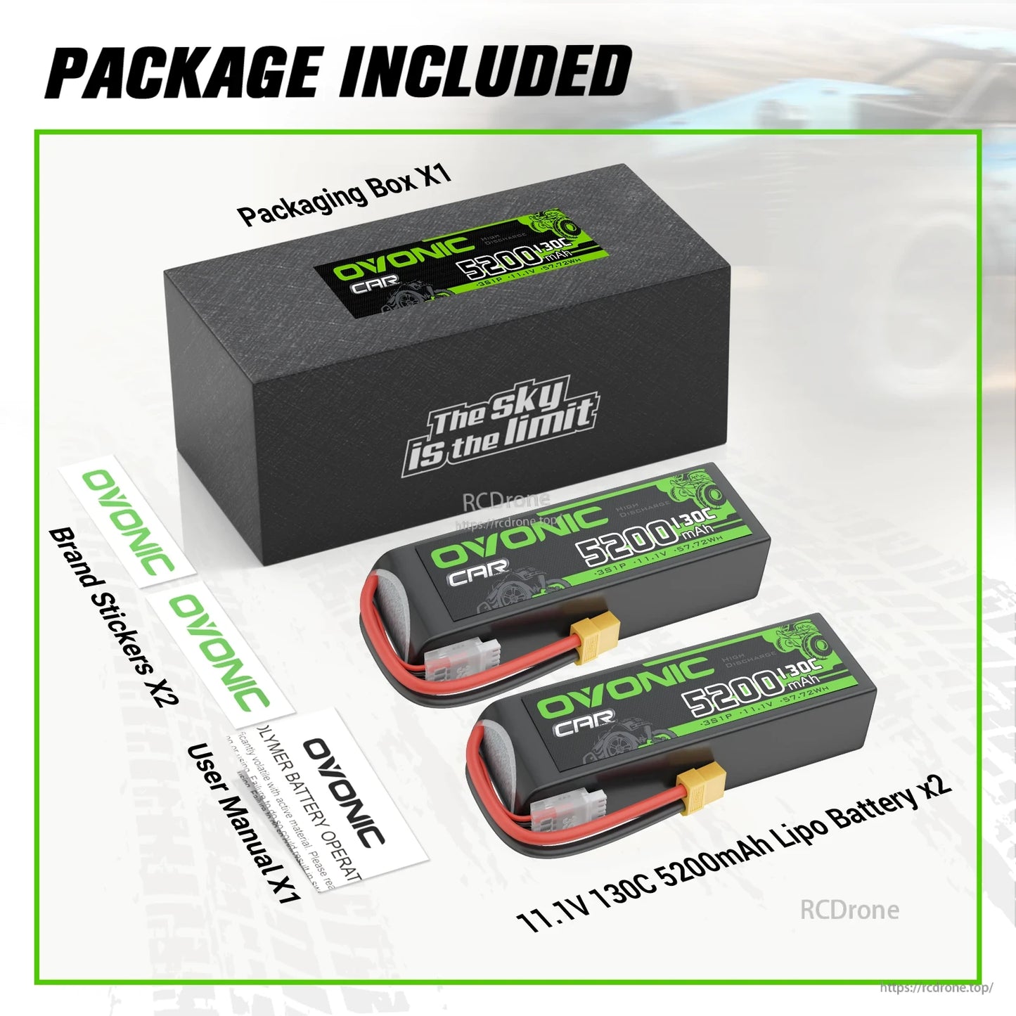 Package contents: Ovonic box, two 11.1V 5200mAh LiPo batteries, brand stickers and user manual