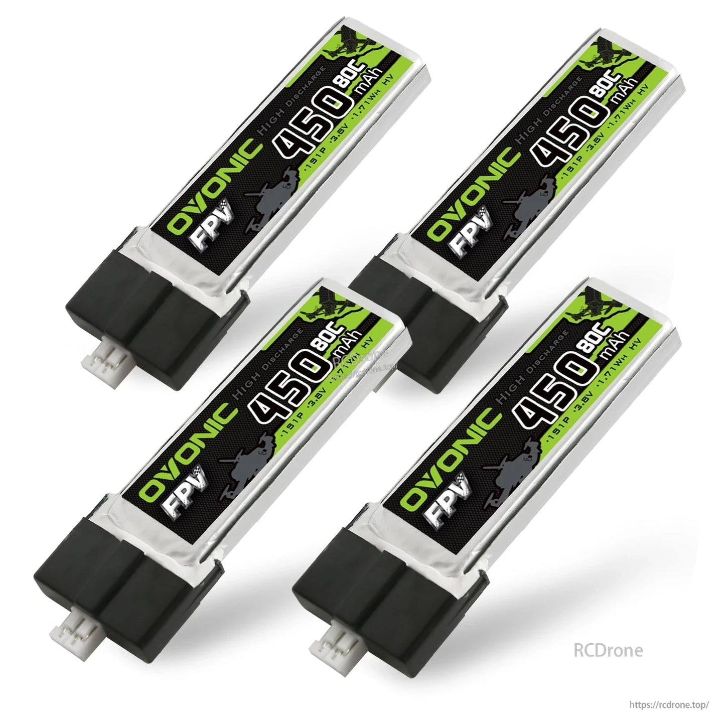 Ovonic 4× 450mAh 1S1P 3.8V HV 80C LiPo Battery set of four packs shown together on white background