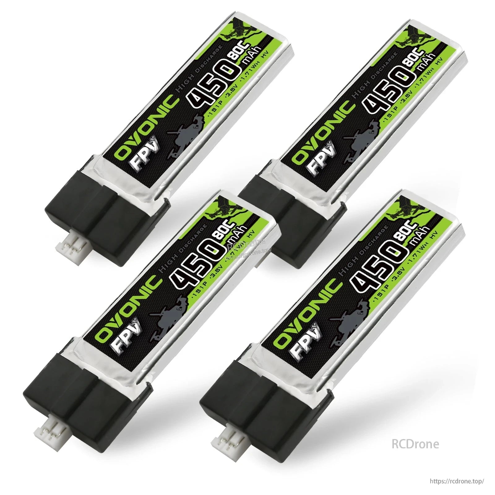 Ovonic 4× 450mAh 1S1P 3.8V HV 80C LiPo Battery set of four packs shown together on white background