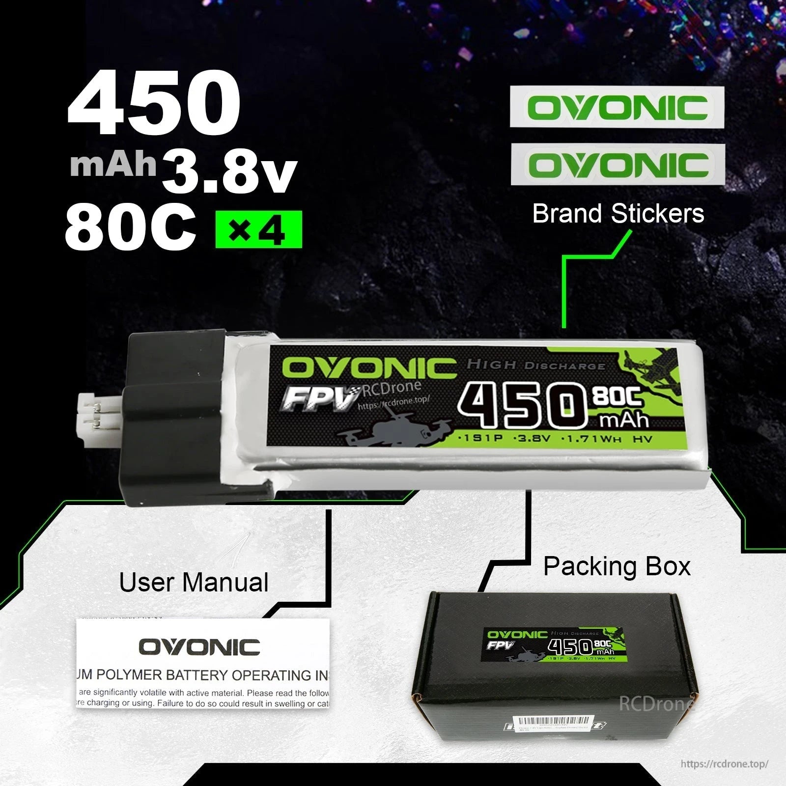 What’s included: four 450mAh 3.8V 80C batteries, Ovonic stickers, user manual and packing box