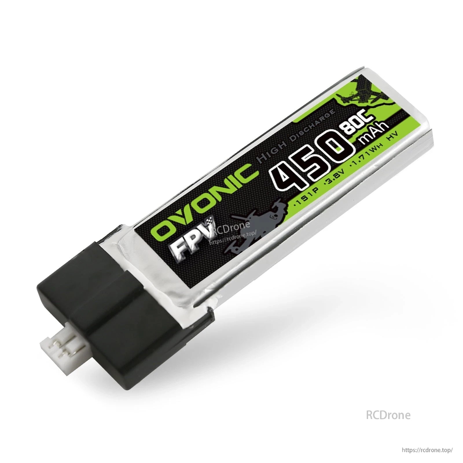 Ovonic 4× 450mAh 1S1P 3.8V HV 80C LiPo Battery single pack close-up with label and JST-PH2 connector