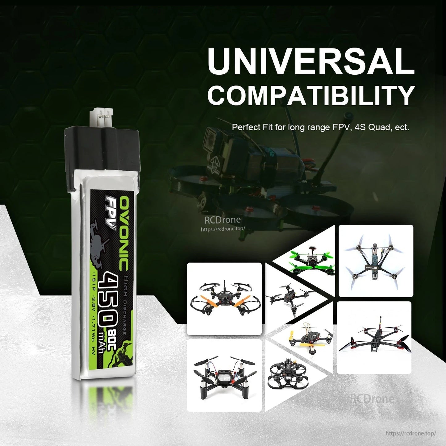 Universal compatibility graphic showing 450mAh Ovonic FPV battery alongside small quadcopter drone icons