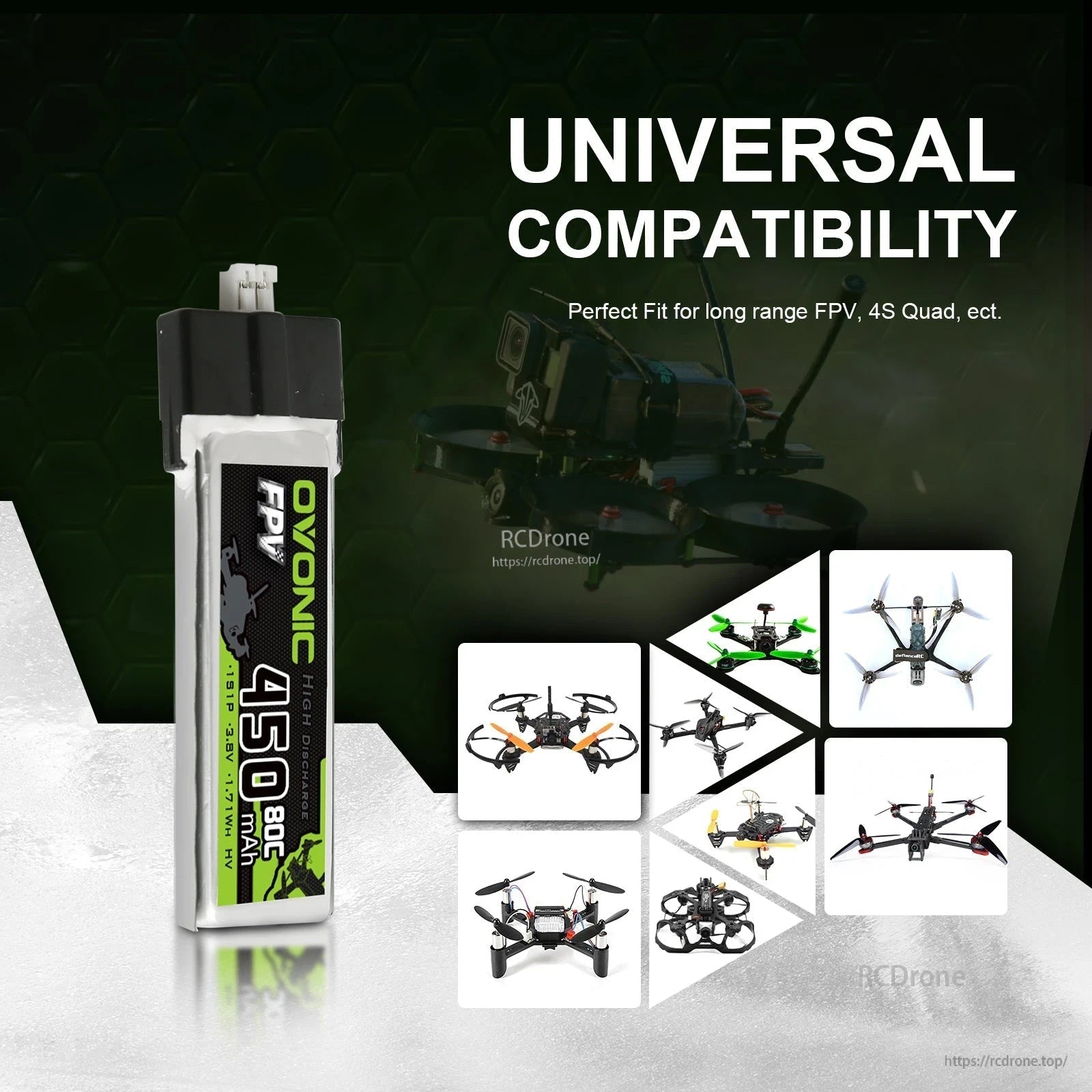 Universal compatibility graphic showing 450mAh Ovonic FPV battery alongside small quadcopter drone icons
