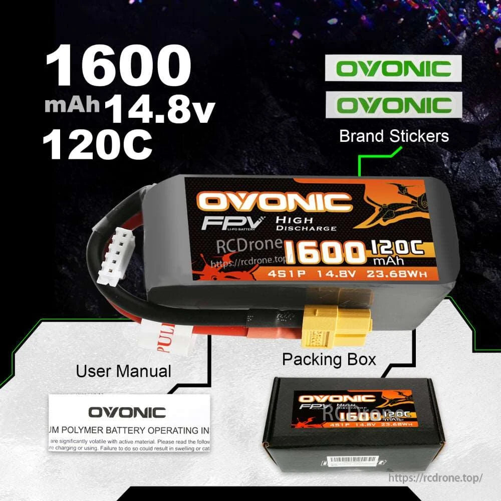 Package contents shown: Ovonic battery, packing box, user manual and two Ovonic brand stickers