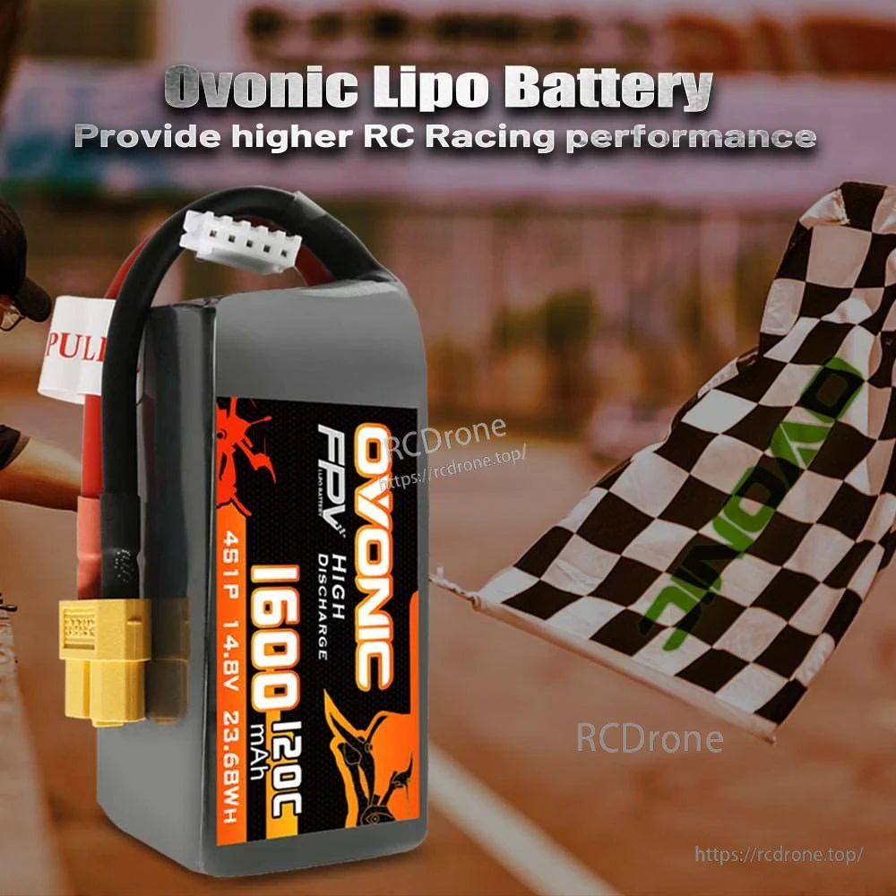 Ovonic FPV LiPo battery shown on racing track with checkered flag background