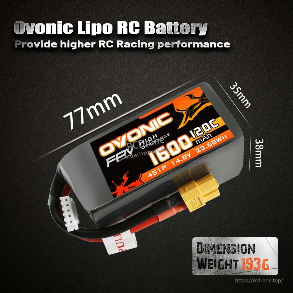 Ovonic LiPo battery dimensions graphic showing 77mm length and 35mm x 38mm size