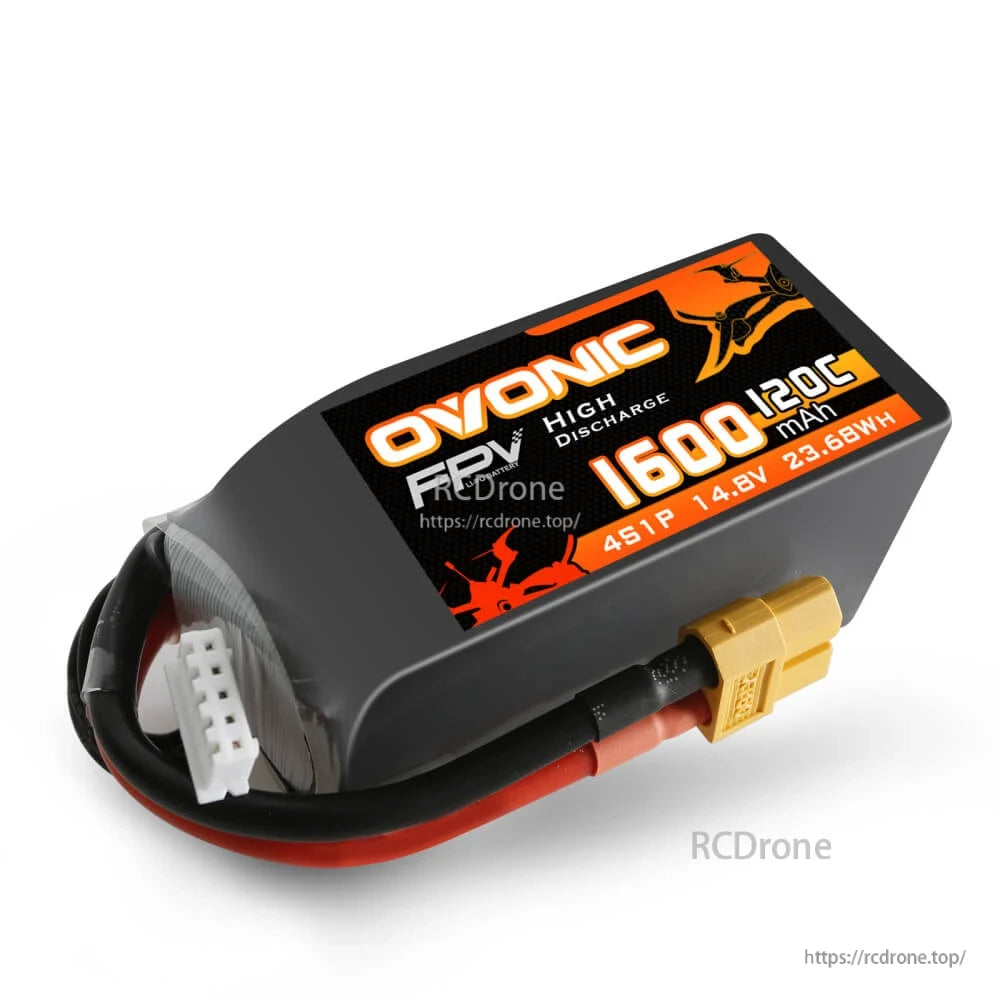 Angled product photo of Ovonic 4S 14.8V 1600mAh LiPo battery with XT60 connector and balance plug