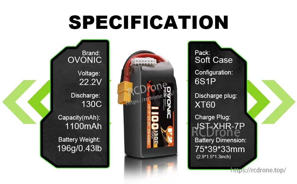 Specification chart listing Ovonic LiPo battery details: 22.2V, 130C, 1100mAh, XT60, JST-XHR-7P, 75×39×33mm