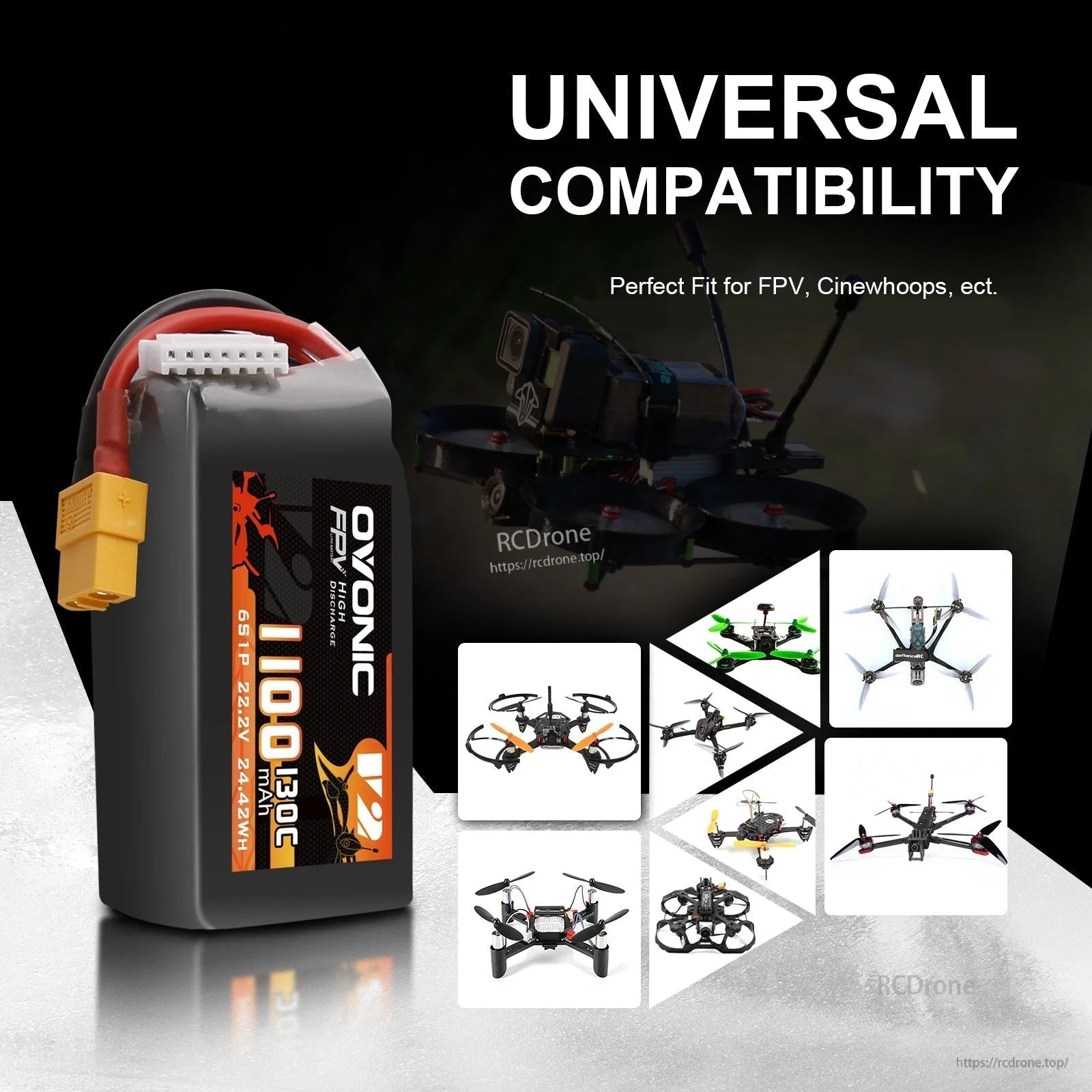 Universal compatibility graphic showing Ovonic 1100mAh 6S LiPo battery for FPV and cinewhoop drones