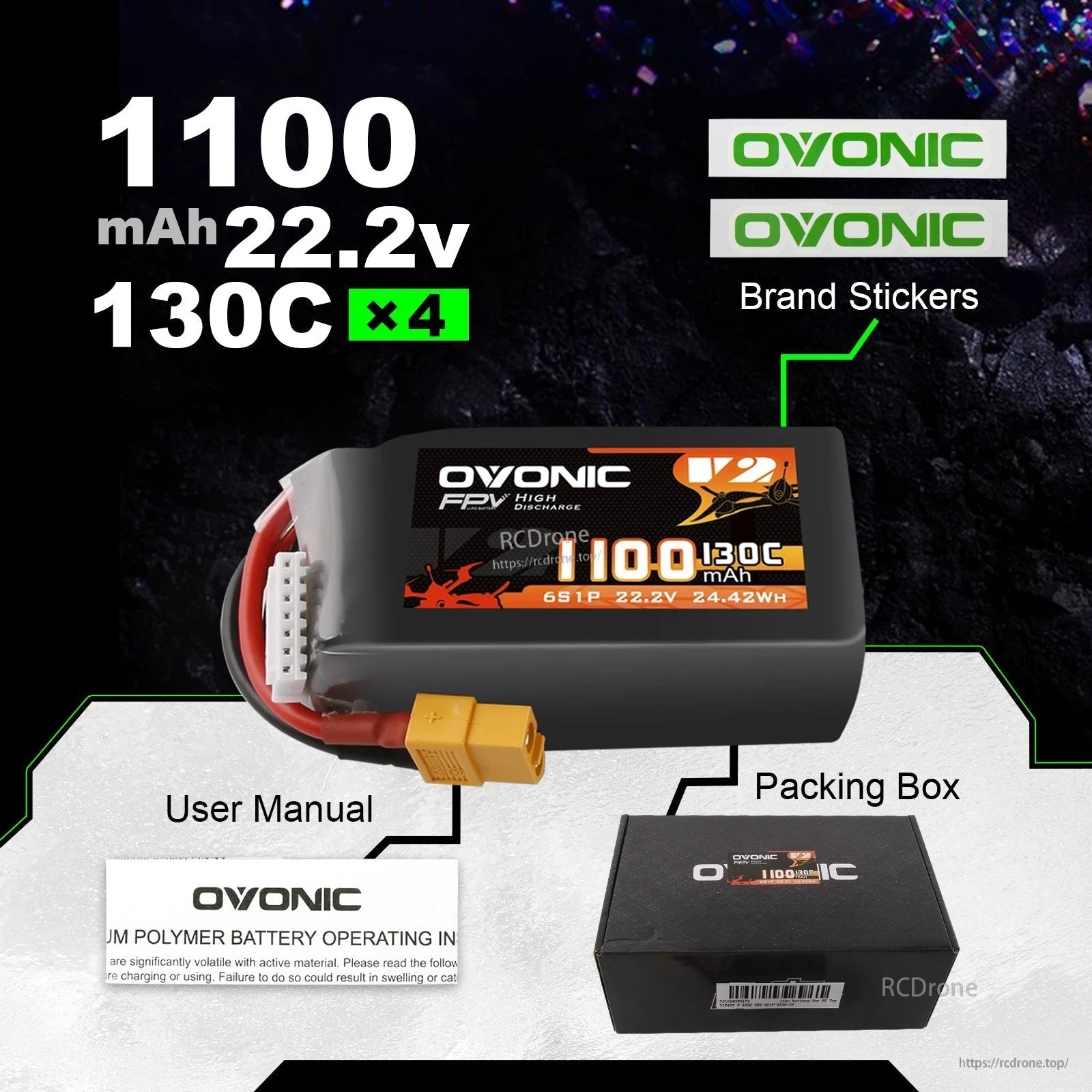 Package contents shown: Ovonic 4x 1100mAh 22.2V 130C batteries, brand stickers, user manual, packing box