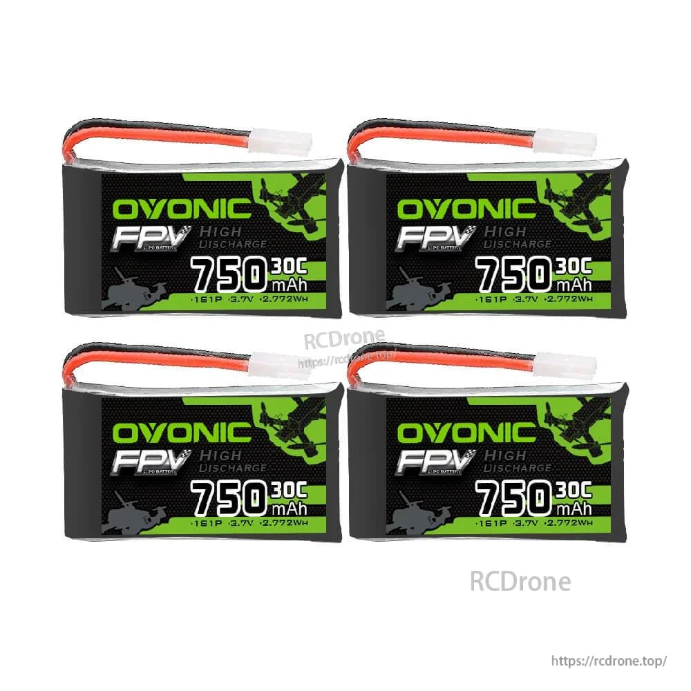 Ovonic 4-Pack 3.7V 750mAh 1S 30C LiPo batteries shown as four units with leads and white plug