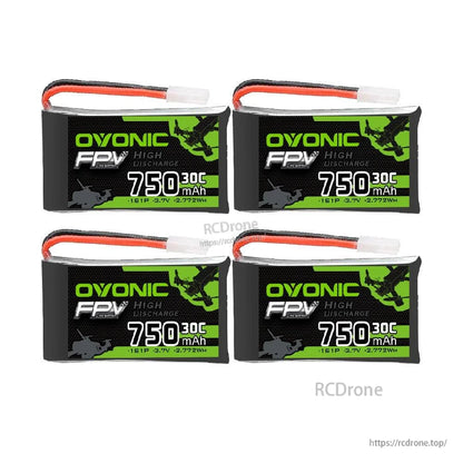 Ovonic 4-Pack 3.7V 750mAh 1S 30C LiPo batteries shown as four units with leads and white plug