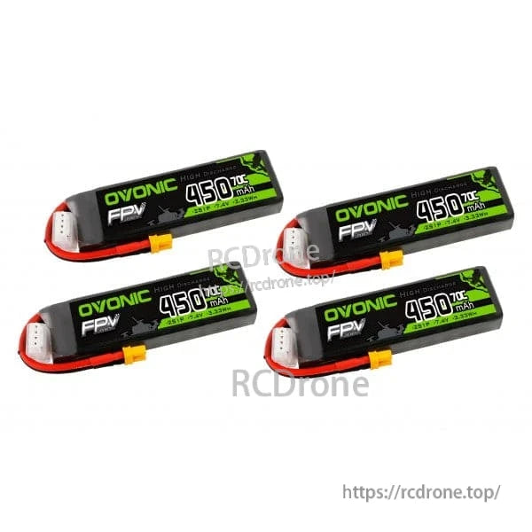Ovonic 4-Pack 450mAh 2S1P 7.4V 70C LiPo batteries shown together with XT30 lead and balance plug