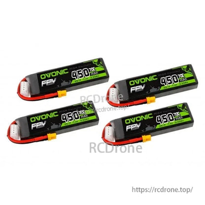 Ovonic 4-Pack 450mAh 2S1P 7.4V 70C LiPo batteries shown together with XT30 lead and balance plug