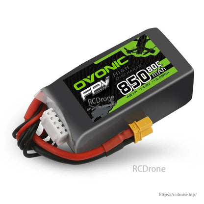 Single Ovonic FPV 4S 850mAh 80C LiPo battery close-up showing label, XT30 connector, and balance plug