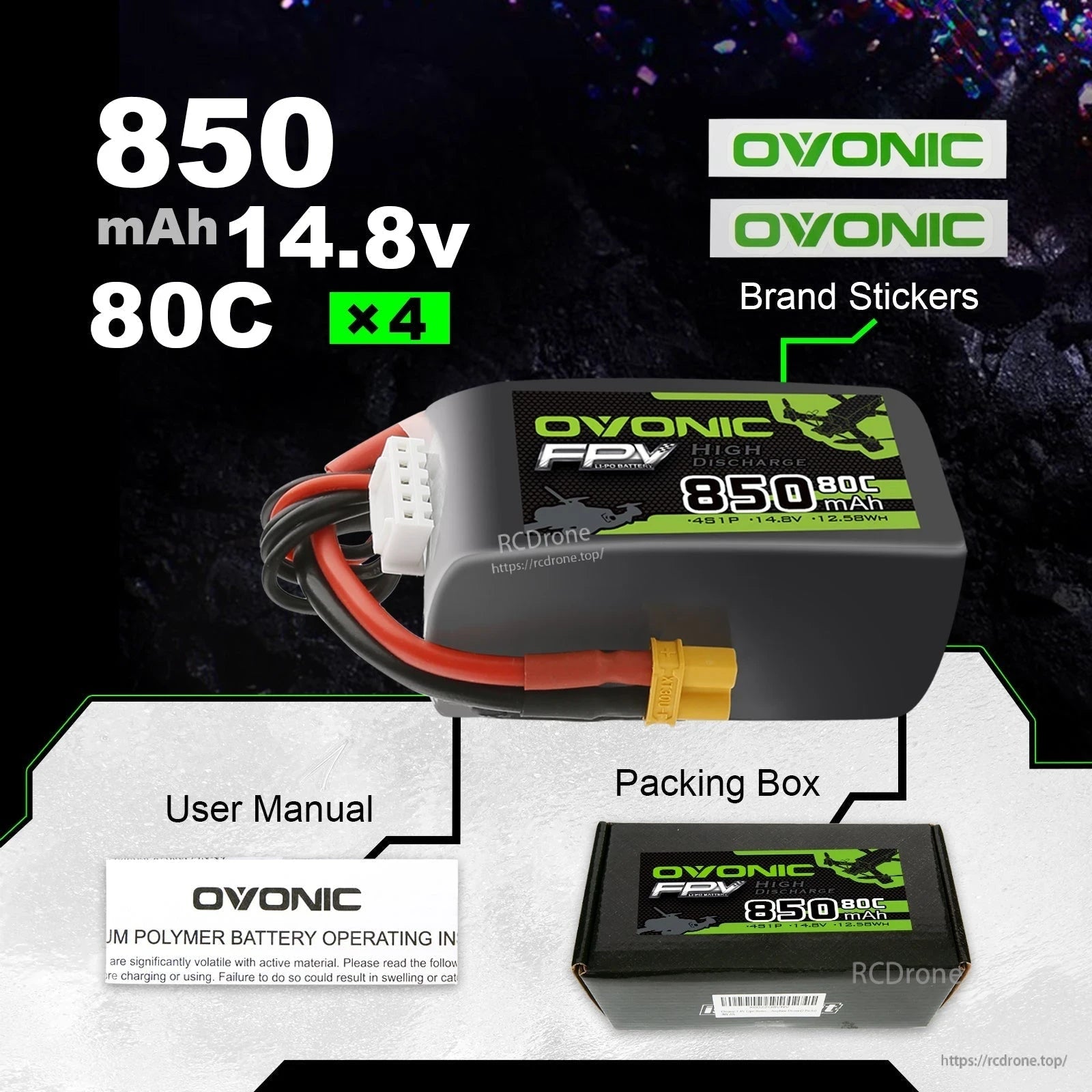 4-pack battery kit contents shown: Ovonic 850mAh 14.8V 80C batteries, brand stickers, user manual, packing box