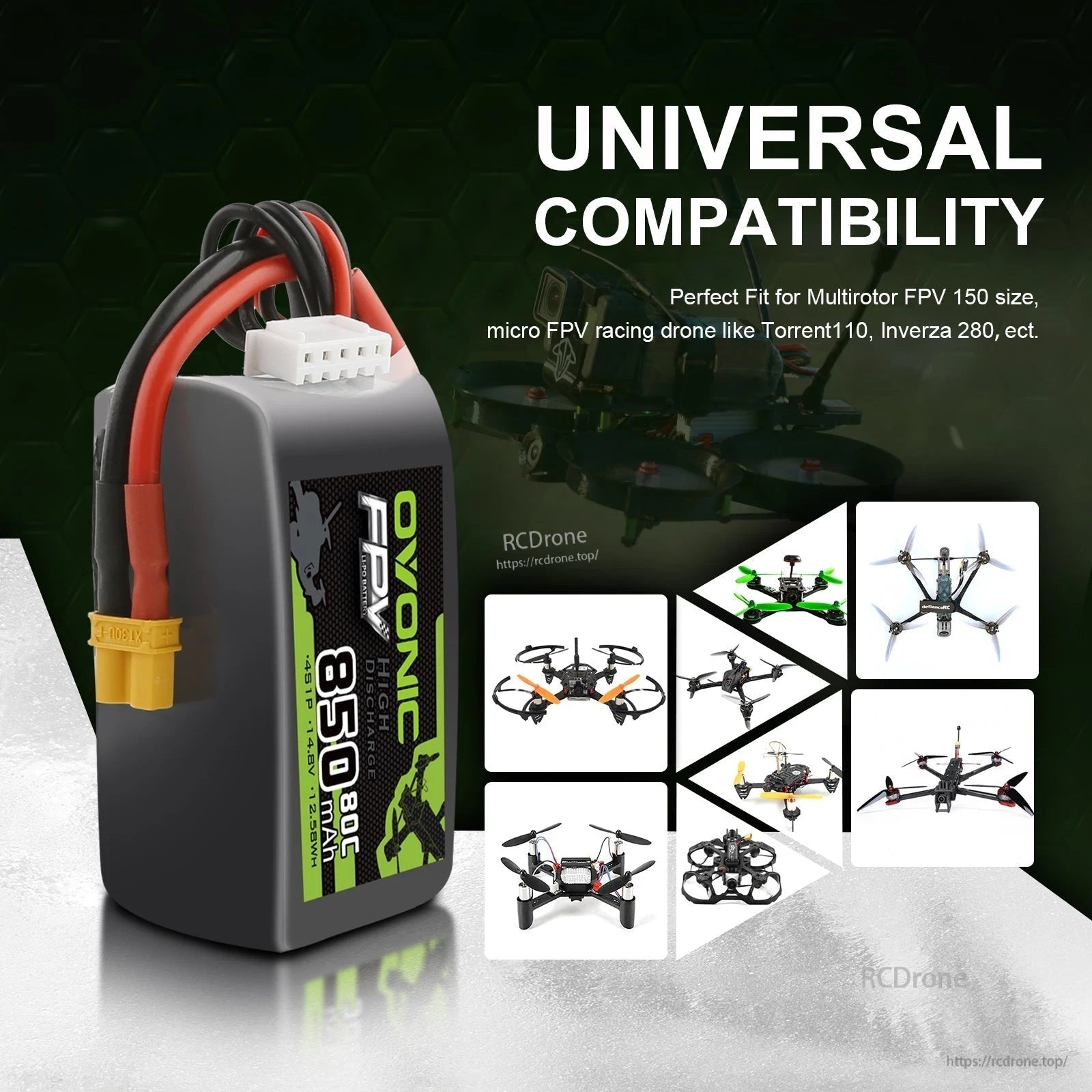 Ovonic 4S 850mAh 14.8V LiPo battery universal compatibility graphic for FPV multirotor drones