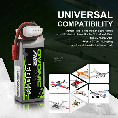 Universal compatibility graphic showing Ovonic 500mAh 3S LiPo battery alongside RC airplane and helicopter icons