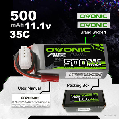 Package contents shown: Ovonic 500mAh 11.1V 35C battery, packing box, user manual and brand stickers