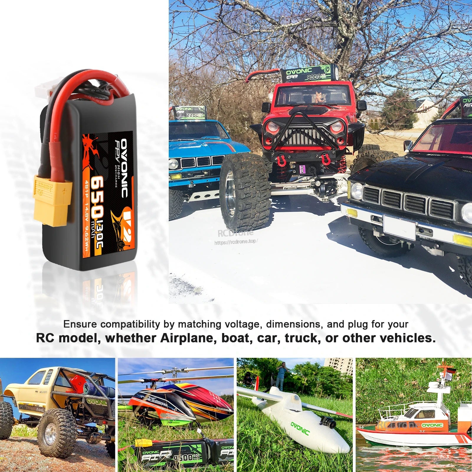 RC model compatibility collage showing battery with airplanes, boats, cars and trucks for general use