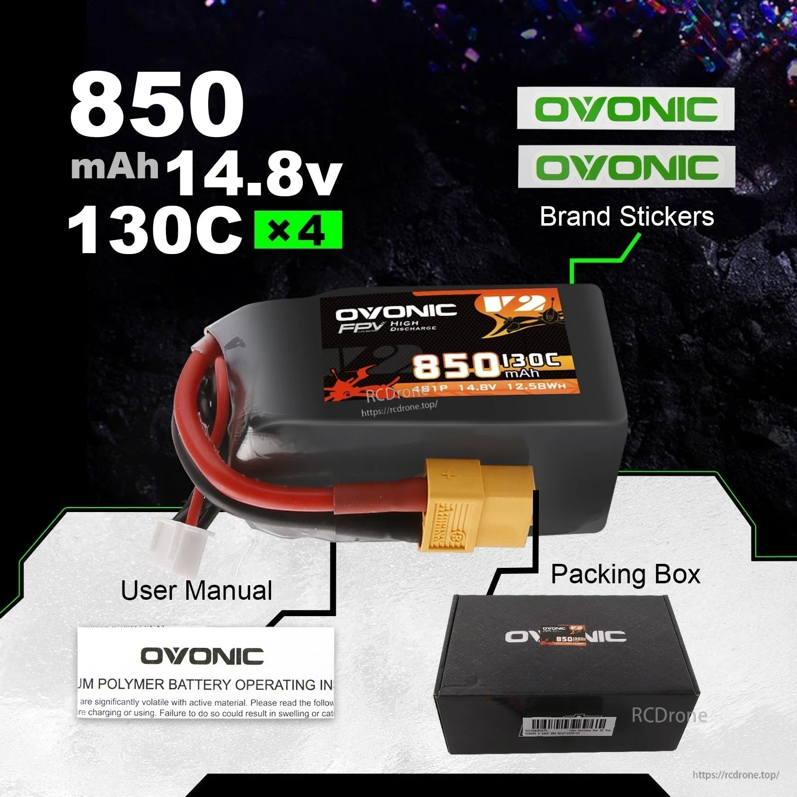Package contents graphic showing Ovonic 850mAh 4S 14.8V 130C battery, user manual, brand stickers and packing box