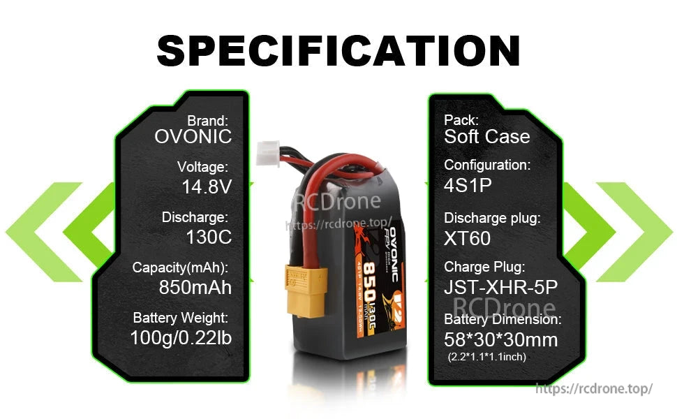 Specification infographic listing 14.8V, 130C, 850mAh, 4S1P, XT60 discharge plug and JST-XH balance plug