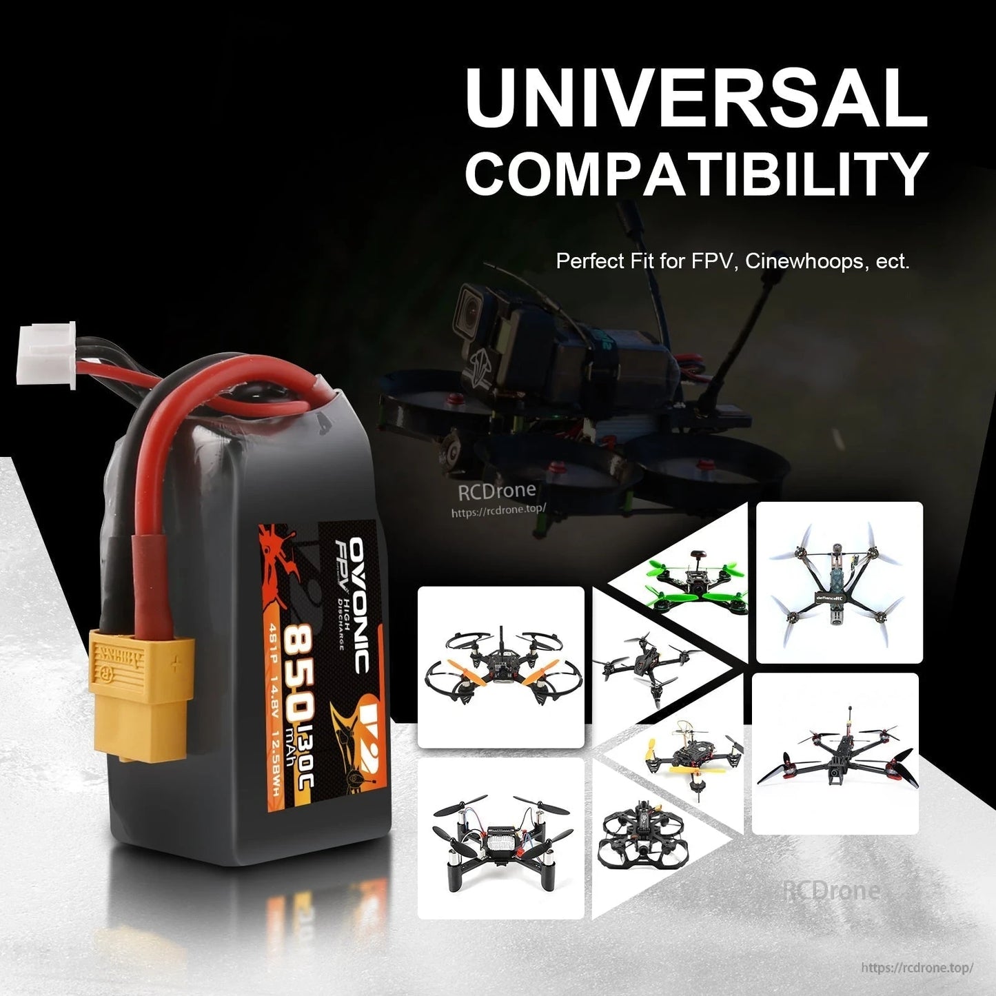 Universal compatibility graphic showing Ovonic 4S 850mAh battery alongside FPV/cinewhoop drone examples