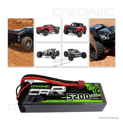 Ovonic hard case 2S LiPo battery shown with RC truck/off-road car application images