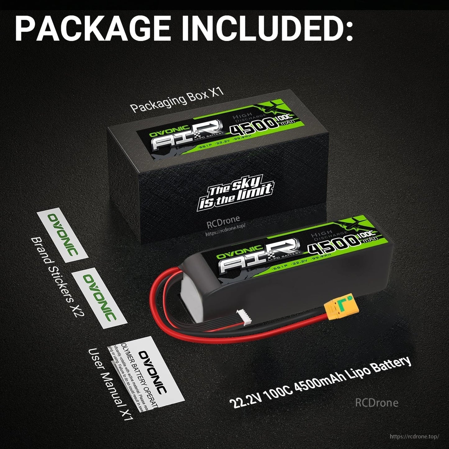 Package contents: Ovonic 6S 4500mAh LiPo battery, retail box, user manual and brand stickers