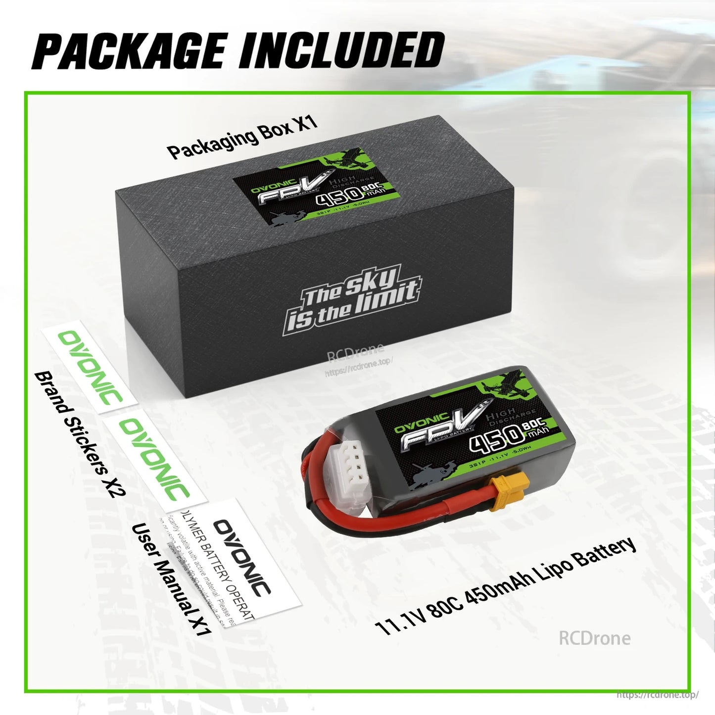 Package contents: Ovonic 450mAh 3S 11.1V 80C LiPo battery, packaging box, brand stickers, user manual