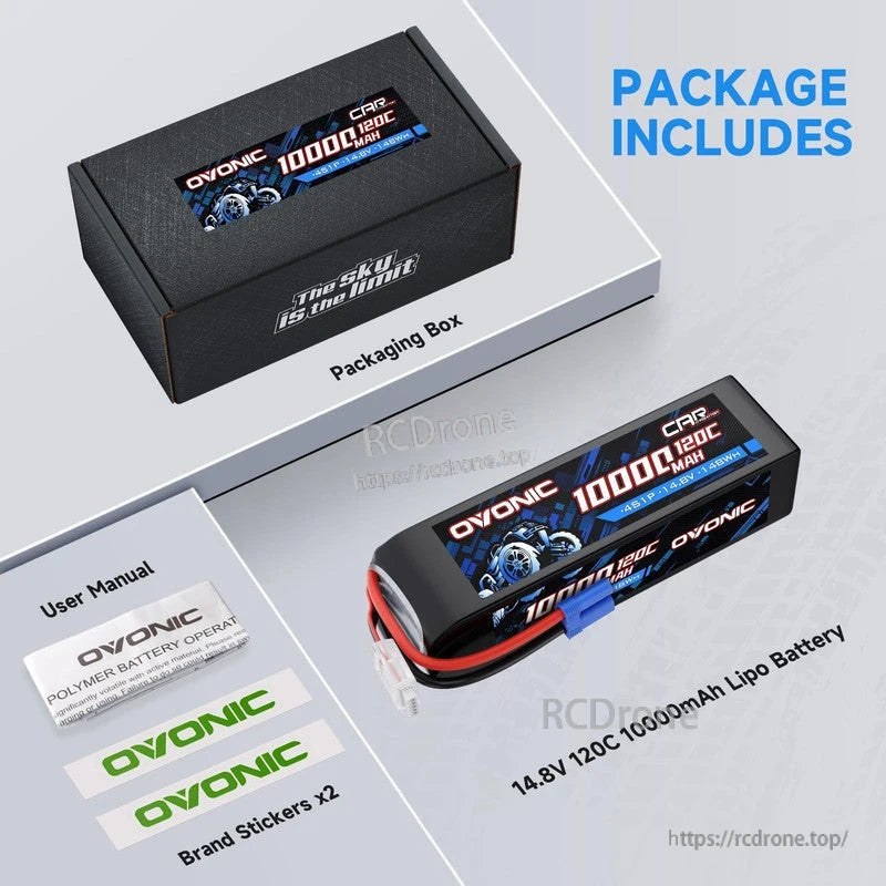 Package contents layout: Ovonic 4S 10000mAh LiPo battery, packaging box, user manual and two brand stickers