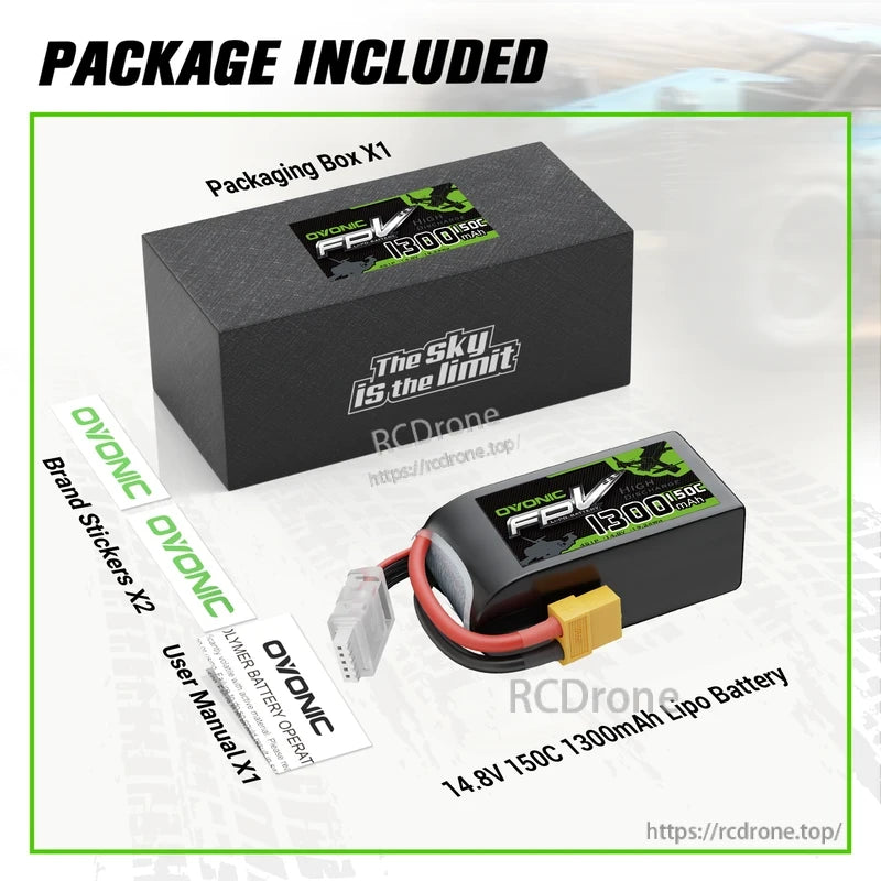 Package contents: Ovonic 14.8V 150C 1300mAh LiPo battery, packaging box, stickers, and user manual